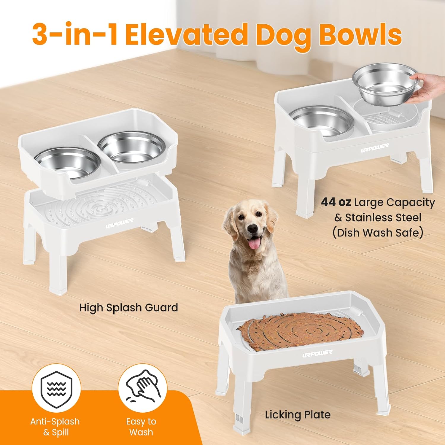 URPOWER Elevated Dog Bowls, 3-in-1 Double Deck Raised Dog Bowl Stand | 4 Height Adjustable Raised Stand with 2 Stainless Steel Food Bowls & Licking Plate for Small, Medium & Large Dogs