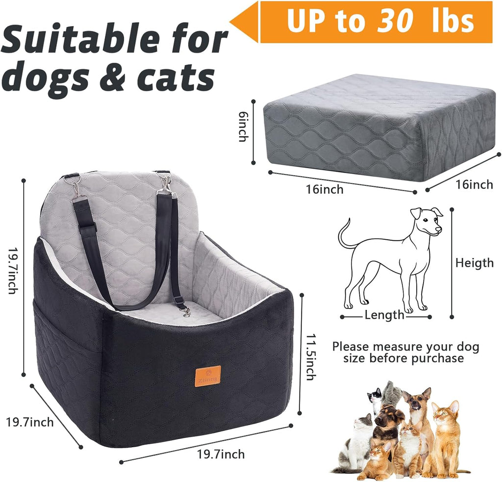 Dog/Cat Car Seat Pet Booster Seat for Dogs/Cats up to 30 lbs | Suitable for Small/Medium Pet Memory Foam with Detachable Washable Cover Travel-Safe Car Bed with Safety Belt/Storage Pocket