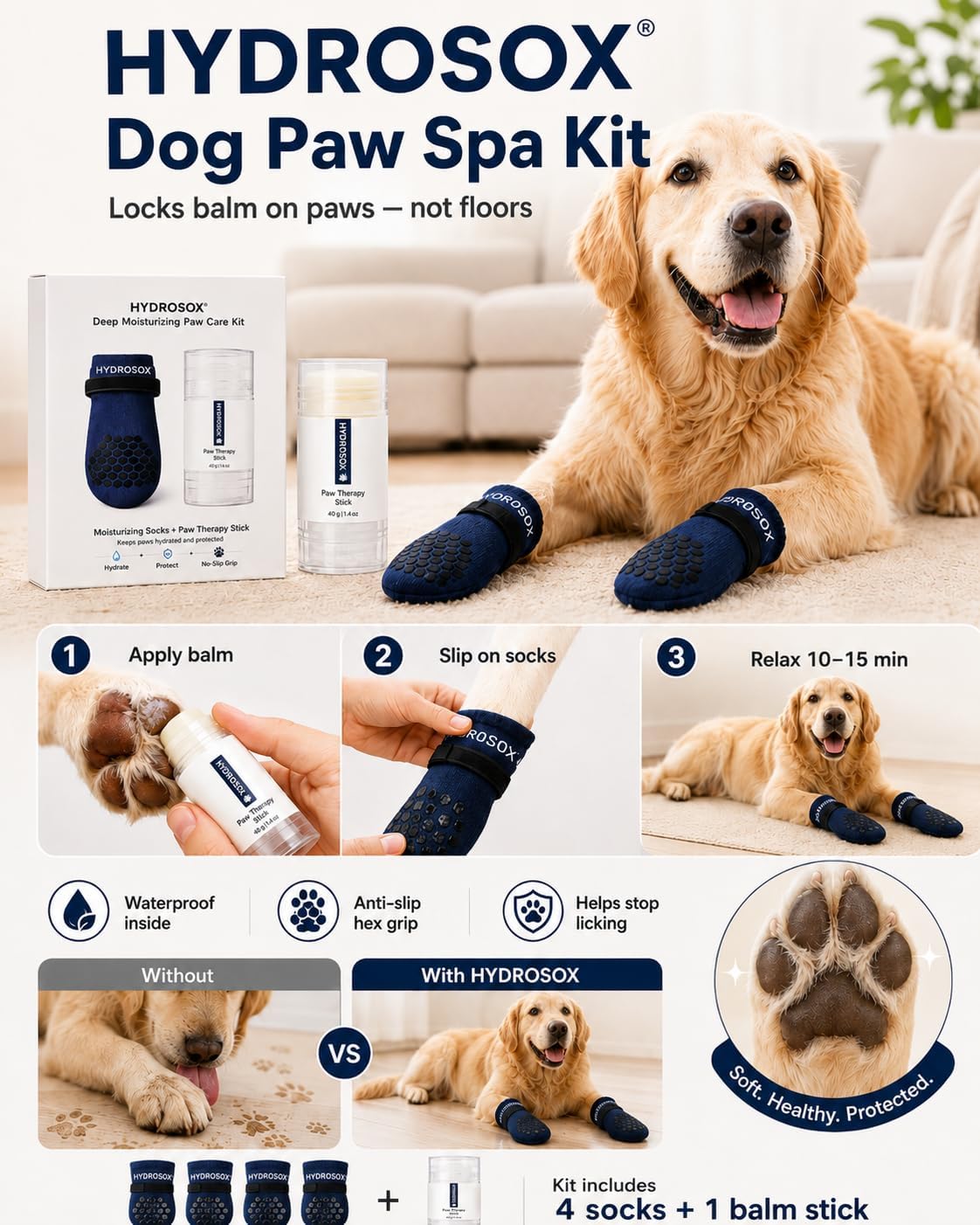 Dog Paw Spa Kit – Paw Balm & Moisturizing Dog Socks for Dry, Cracked Paw Pads – Anti-Lick Paw Protection with 4 Non-Slip Socks + Natural Therapy Stick (Medium)