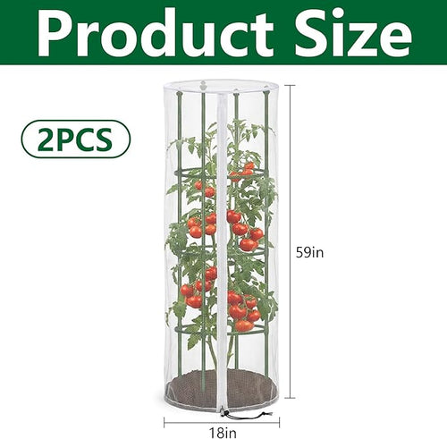 2 Pcs Garden Bird Netting for Round Plant Cage, 59" x 18" Tomato Cage Garden Net Cover with Zipper, Tomato Trellis Insect Bird Barrier Protection Mesh for Vertical Climbing Plants Vegetables Fruits