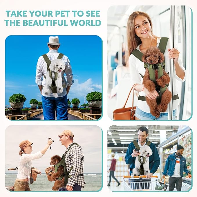Dog Carrier Backpacks, Adjustable Dog Backpack Carrier, Legs Out Easy-fit Dog Chest Carrier for Medium Small Dogs, Hands Free Dog Front Carrier for Hiking, Cycling（Green L）