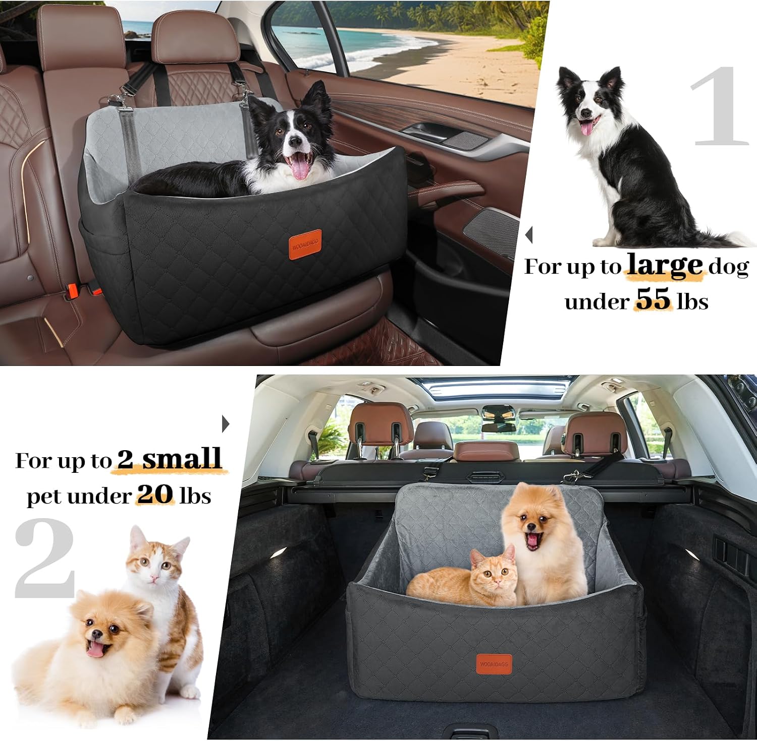 Wooaidagg Dog Car Seat for Medium & Large Dogs Up to 55lbs, Memory Foam Cushion, Washable Cover, Safety Straps & Non-Slip Base(Black/Grey,Large)