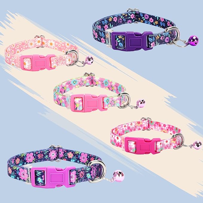 Floral Puppy Collar with Bell - Ultra-Soft Adjustable Kitten-Safe Nylon Collar for Tiny Dogs, Chihuahua, Pomeranian, Kittens, XS Small, Flower Pattern Design