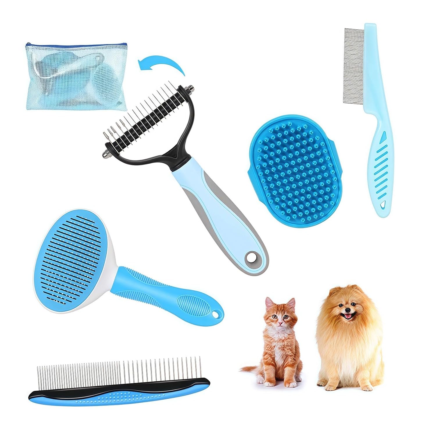 5-in-1 Grooming Kit - Supplies for Short and Long Hair Dogs, Bath Brush, Dematting Rake and Comb (Set of 5, Blue)
