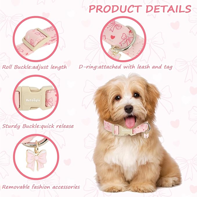 Pink Bow Dog Collar, Adjustable Cotton Dog Collar for Small Medium Large Dogs, Cute Puppy Collars for Girl Female Dogs, Ideal for Gifts,Pet Accessory,S