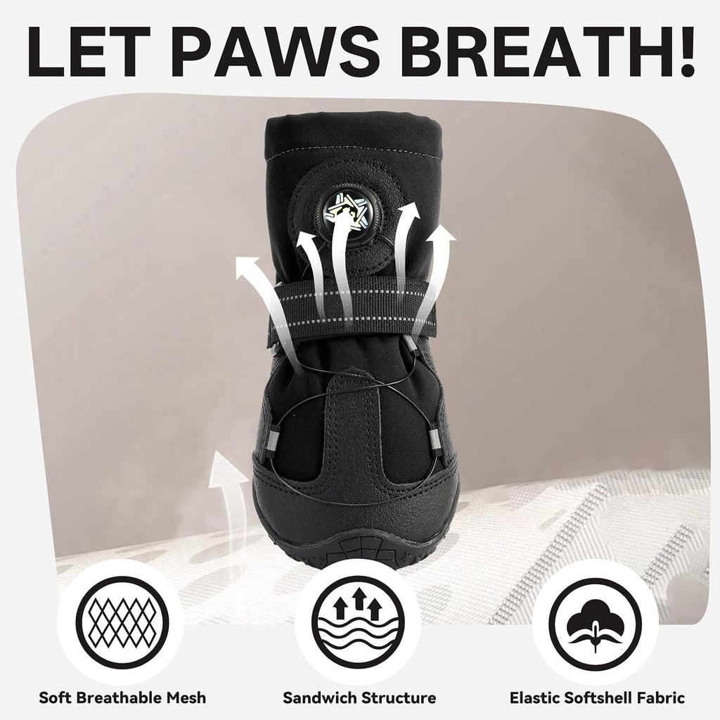 Dog Booties with Micro-Adjustable Dial, Waterproof Dog Shoes for Large Medium Small Dogs, Rugged Non-Slip Rubber Paw Protectors for Hot Pavement and Snow, Hiking 4PCS (Black, Size 8)