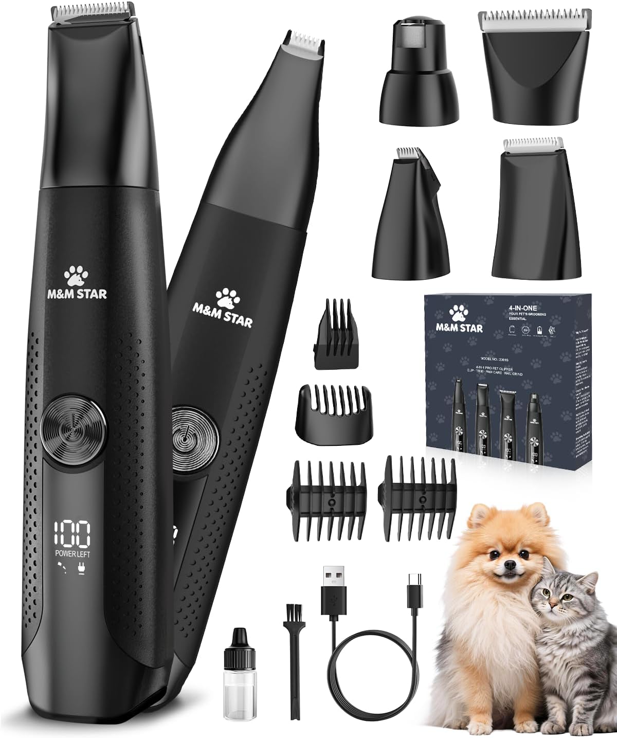 M&M STAR Dog Grooming Kit, 4-in-1 Dog Clippers for Grooming, Cordless Dog Hair Trimmer with Dog Paw Trimmer & Dog Nail Grinder, Low Noise Pet Clippers for Dogs Cats Face Ears Paws
