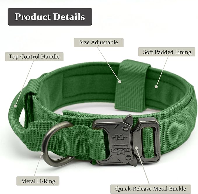 Tactical Dog Collar, Adjustable Military Training Nylon Dog Collar with Control Handle and Heavy Quick-Release Metal Buckle for Small Medium Large Dogs, Emerald Green S