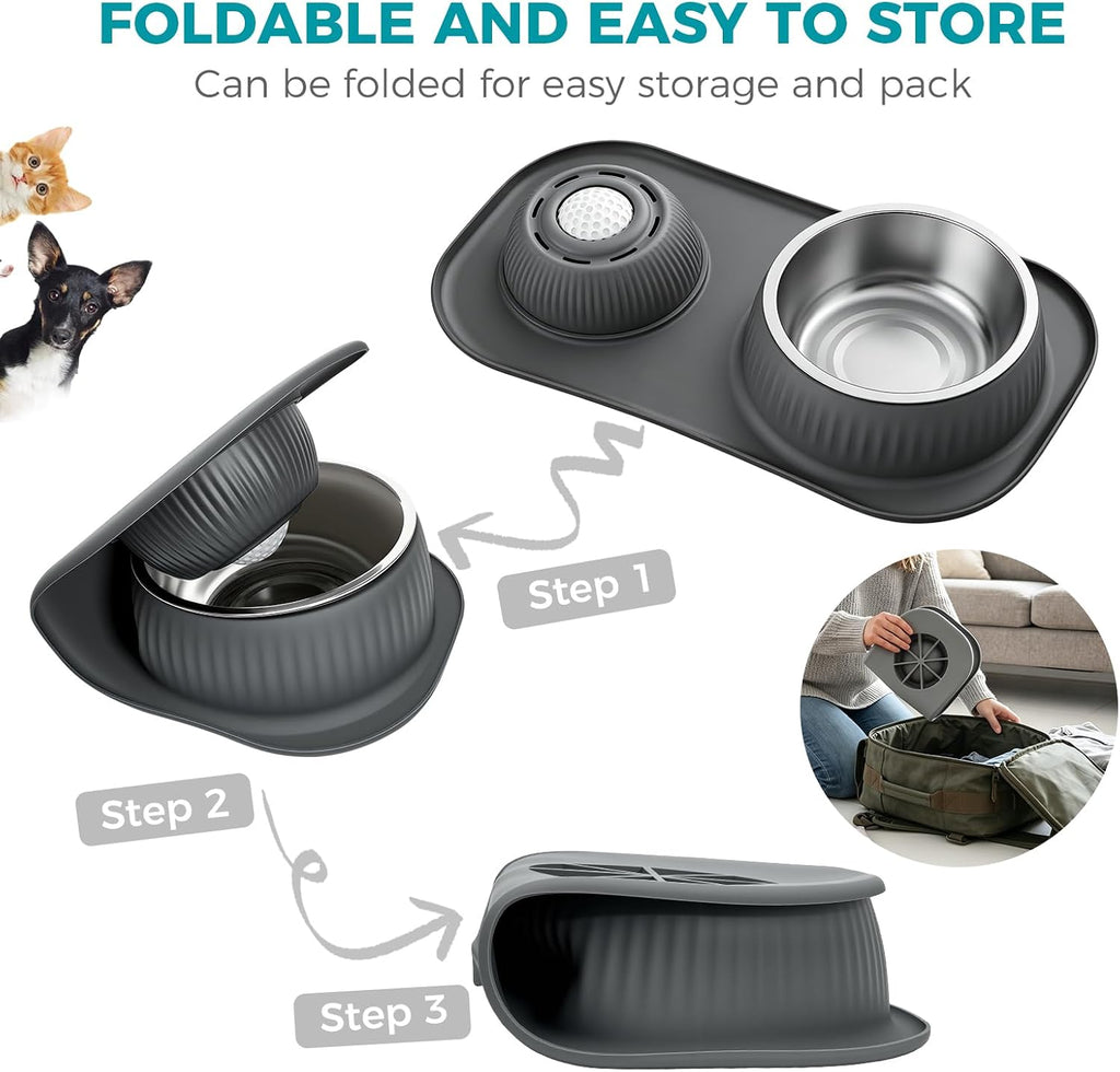 Dog Licking Bowl with Rolling Ball,Food and Water Bowl Set Slow Feeder | Spill proof & no tipping bowl mat features raised edge design to block splashes portable as travel dog bowls for outdoor trip