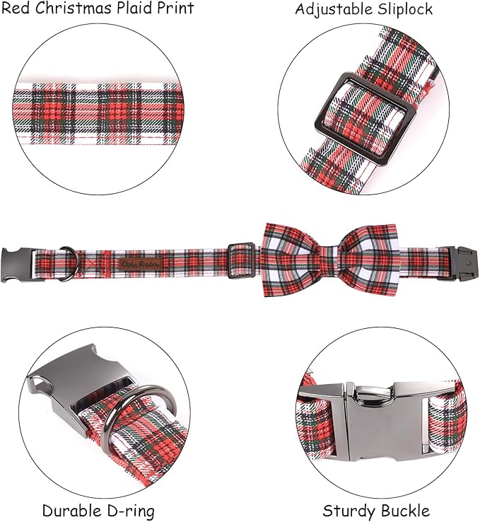 Christmas Dog Collar, Red Plaid Cotton Collars with Bow Adjustable Pet Collar Premium Metal Buckle, Christmas Puppy Necklace for X-Large Girl and Boy Dogs