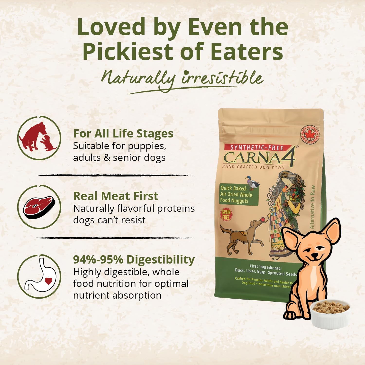 CARNA4 Air Dried Dog Food, Duck Recipe, Grain-Free, 3 Pound | Fresh Canadian Duck & Sprouted Seeds, Quick-Baked & Never Extruded, No Synthetic Vitamins or Minerals