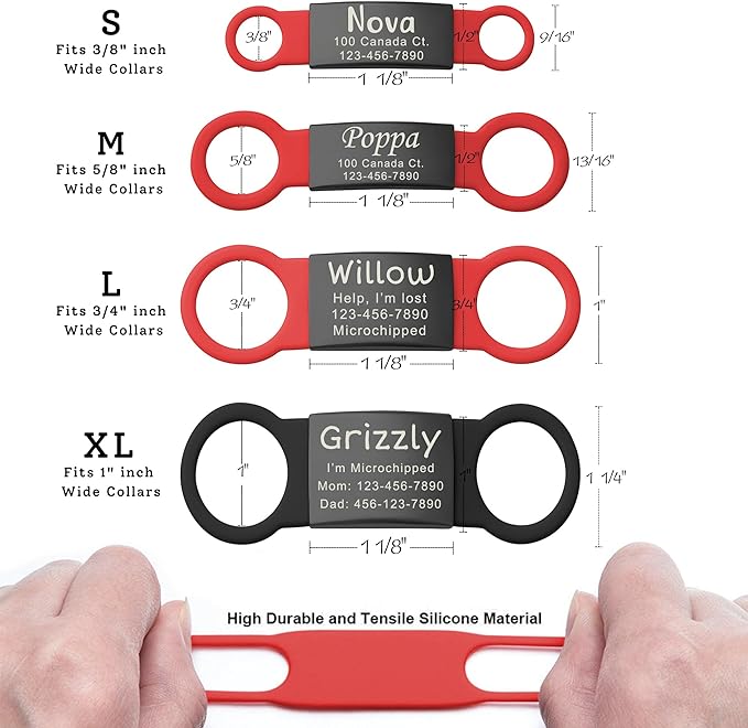 Anavia Slide On Silent Pet ID Tags, S/M/L/XL Personalized Black Stainless Steel Colored Silicone Cat Dog Name Tag, Customized Engraved Nameplate, Quiet Chew-Proof Pet Collar Tag (Yellow, Large)