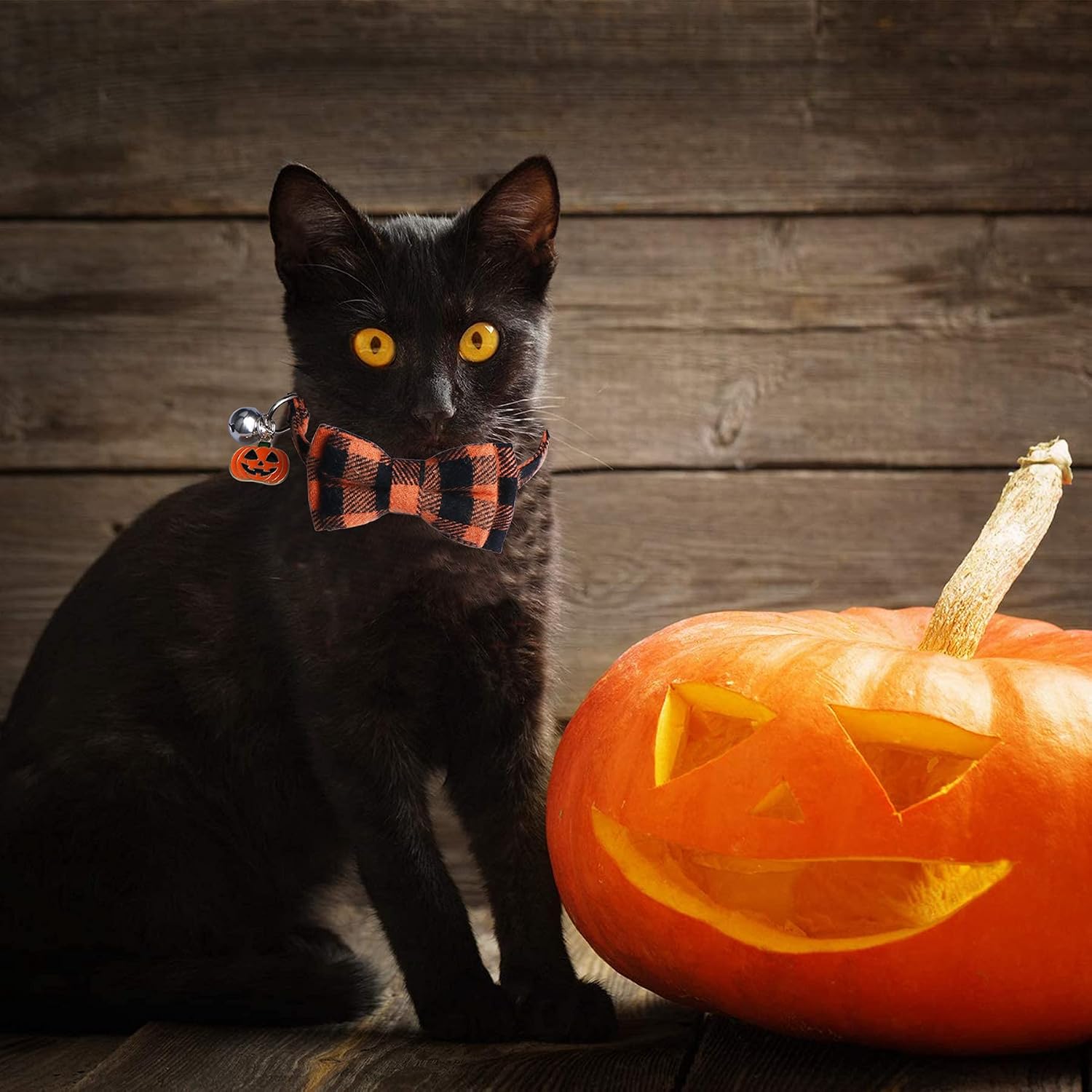 STMK 2 Pack Halloween Plaid Cat Collars with Bow Tie Bell, Breakaway Adjustable Pumpkin Cat Kitten Collars with Bowtie Bell for Halloween Cats Kittens Costume Decorations