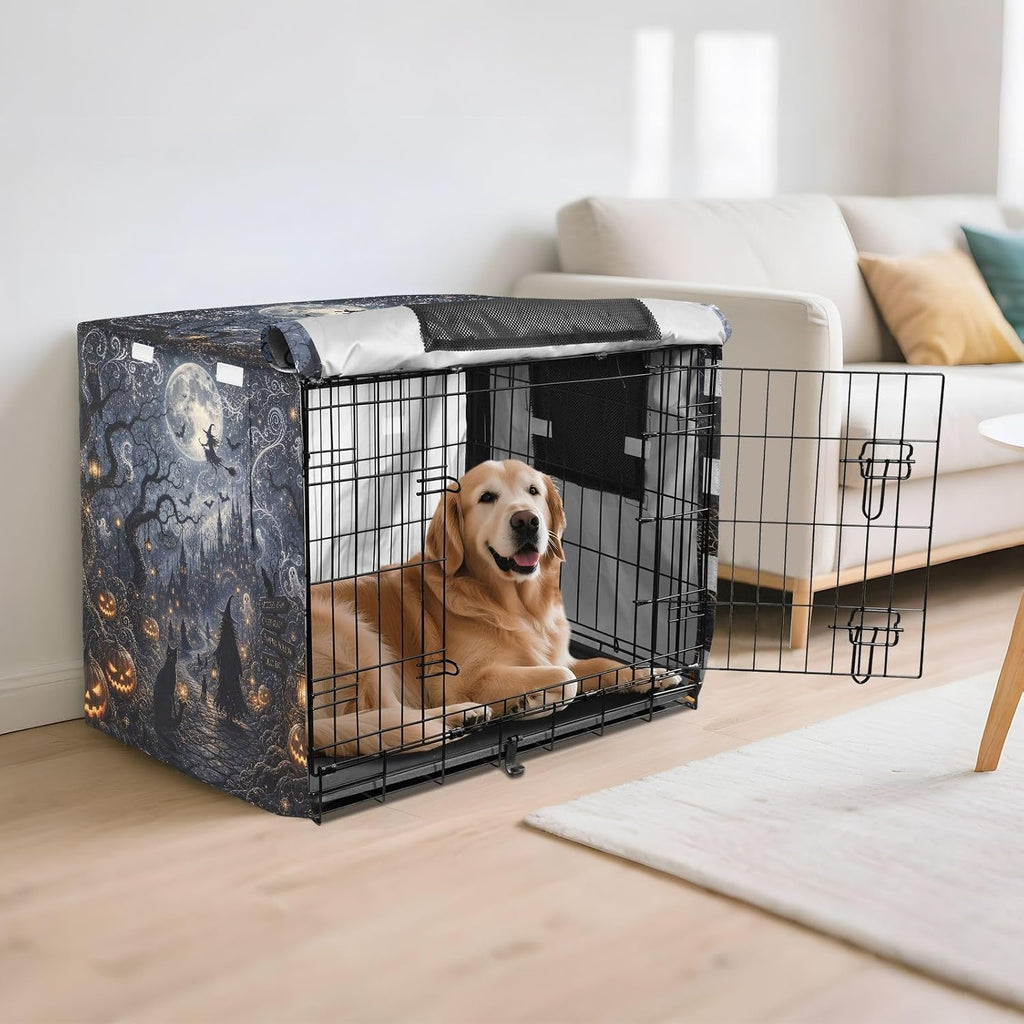 Dog Crate Cover Halloween Witch Heavy Duty 600D Oxford Waterproof Dog Kennel Cover for Wire Crates, UV Sun Protection and Breathable Mesh, Machine Washable - Fits S Crates
