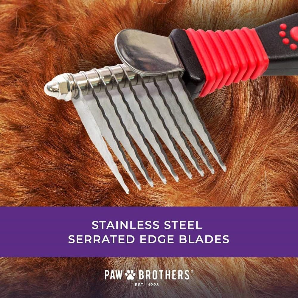 RYAN'S PET SUPPLIES Paw Brothers 8-Blade Dematting Brush, Comb Tool for Dog Grooming, Stainless Steel Blades, Comfort Grip, Gentle on Skin, Doodles, Poodles, Rake for Matted Fur Removal
