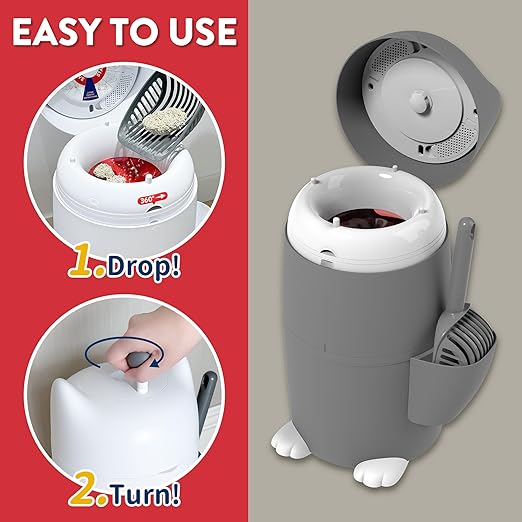 Red Rocket Pets Cat Litter Trash Can Kitty Twister Plus Pack Grey, 12x Refills Bags and 6X Charcoal Sachets, No Smell Litter Storage Container, Litter Disposal System