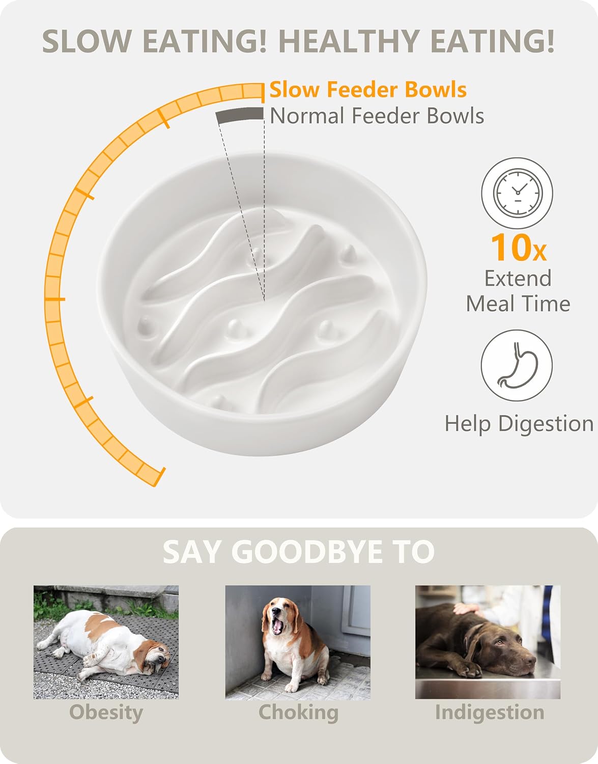 Ceramic Slow Feeder and Water Bowl Set for Small Dogs, 0.6 Cups Dog Slow Feeder(14oz) and 30oz Water Bowl Set, 6in, White