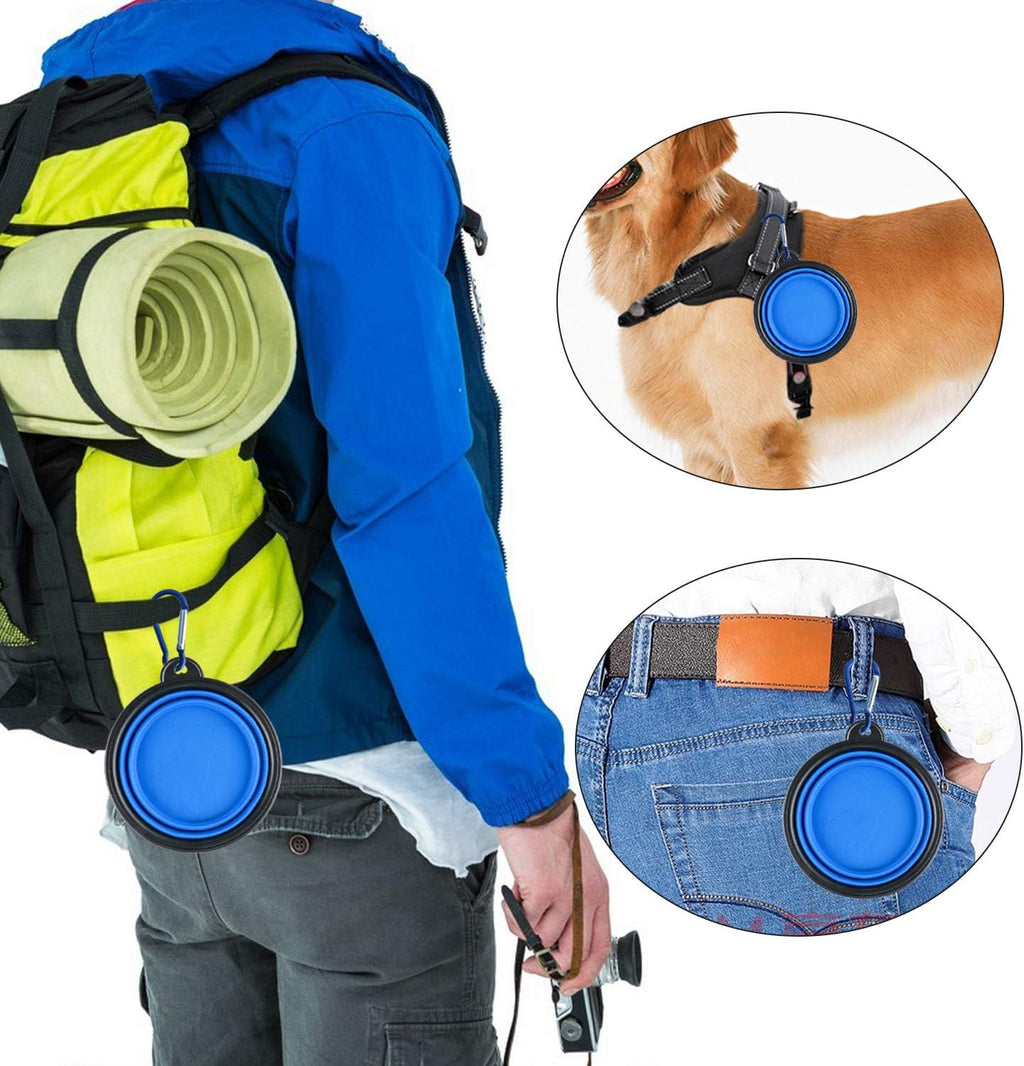 Collapsible Silicone Dog Bowls, 3-Pack Travel Pet Food Water Bowls | Orange, green & blue. 5.1 in wide, 2.1 in tall, folds to 0.5 in. Holds 12 oz water or 1.5 cups food. Includes ID tag.