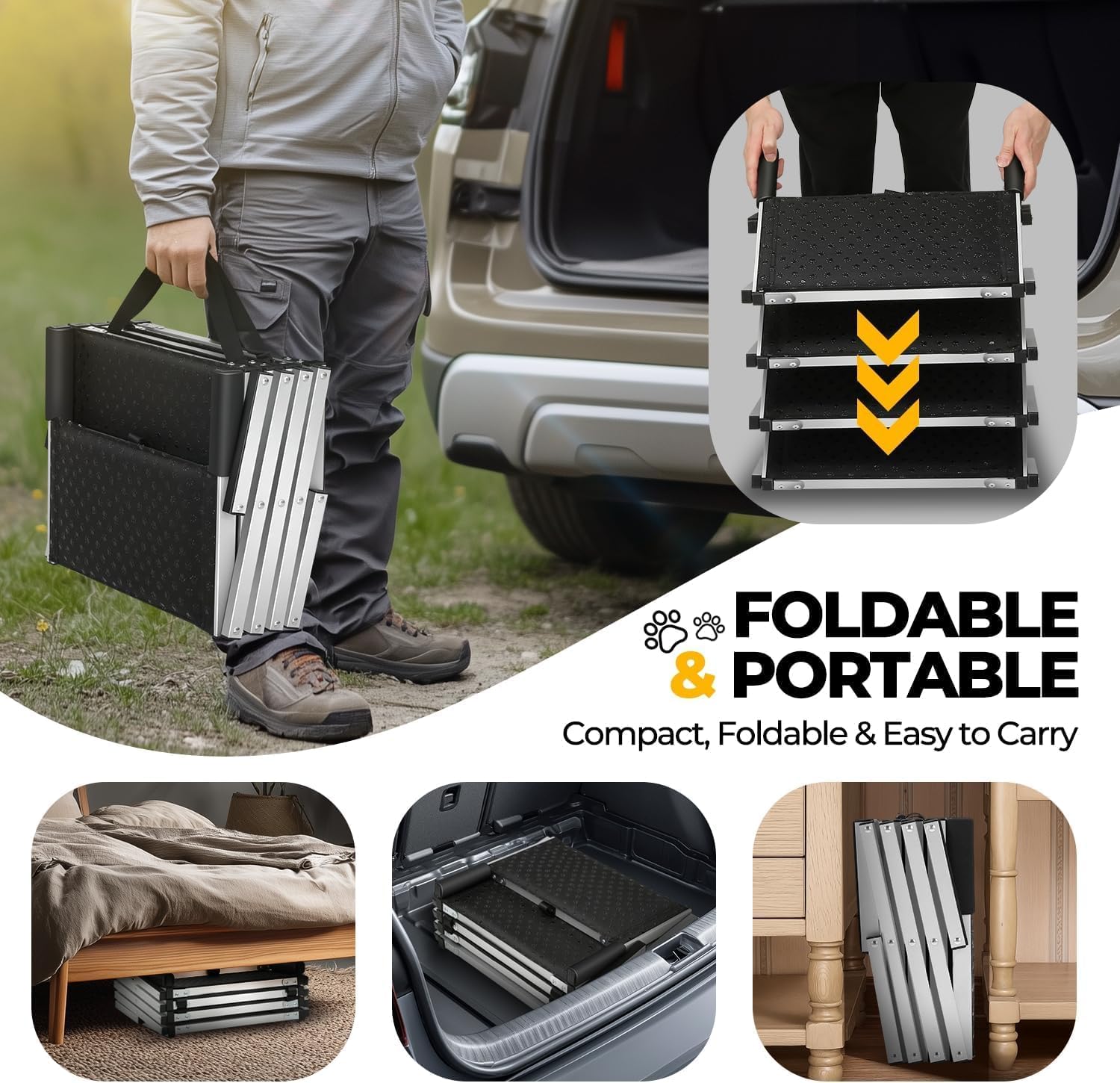 Auto Dynasty Dog Stairs for Car - 4 Steps Wide 31.4in High 25in Foldable Dog Ramp for Car Non-Slip Surface Support up to 150lbs - Suitable for SUV,Truck, Sofas, Bed/Couch