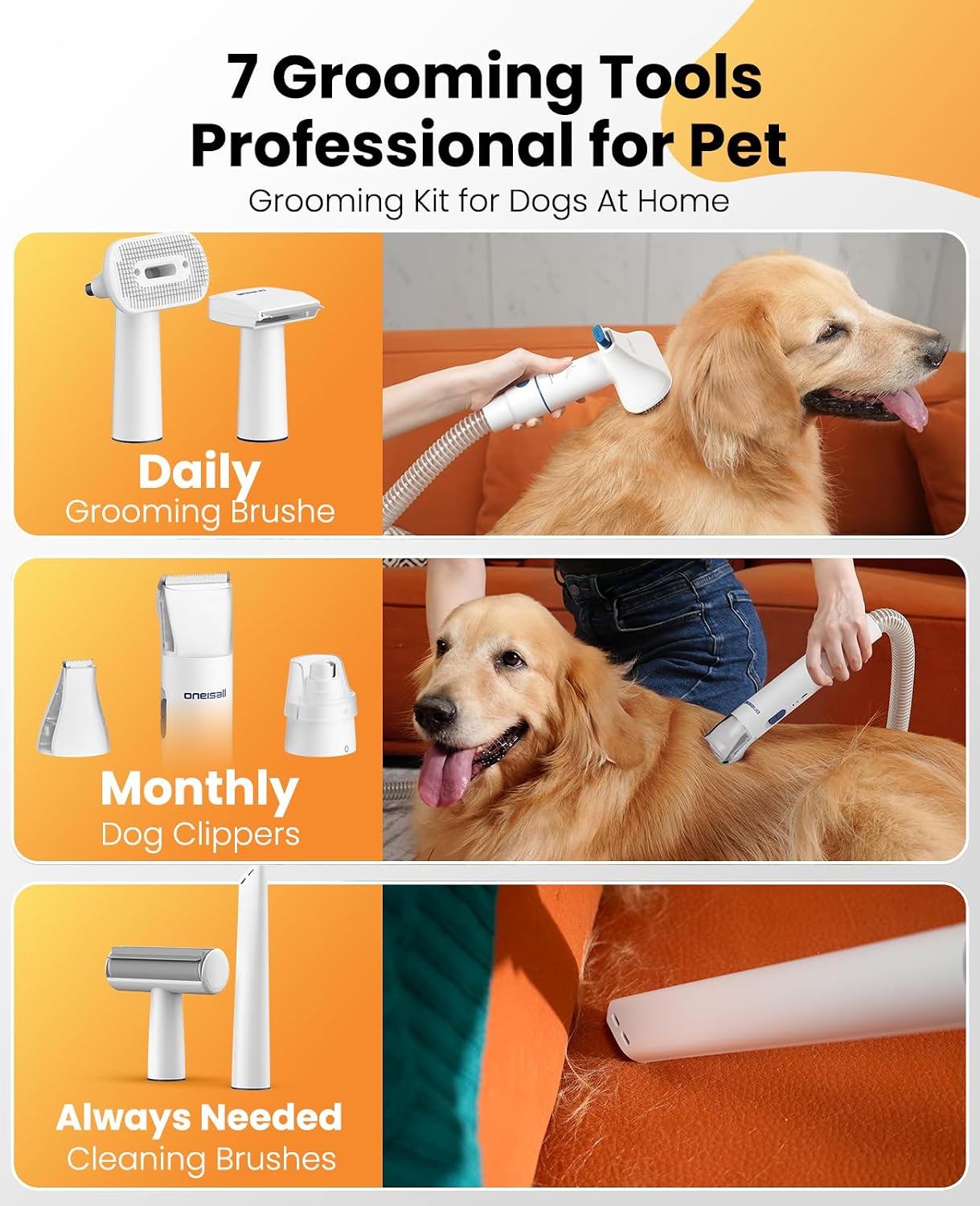 oneisall Dog Grooming Vacuum Kits with Clipper | Exatra Large 3L Dust Cup,13KPa 3 Suction,Clipper,Nail Grinder & Shedding Brush 7 in 1 Grooming Kits,Low Noise,BM3
