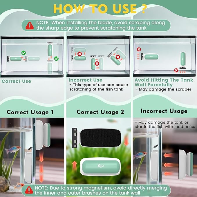 AQQA Aquarium Magnet Glass Cleaner - Enhanced Magnetic Fish Tank Cleaner with 2 Types of Blades, Self-Floating Aquarium Glass Scrubber Algae Scrapers for up 0.79" Thick Glass/Acrylic Aquariums (XL)