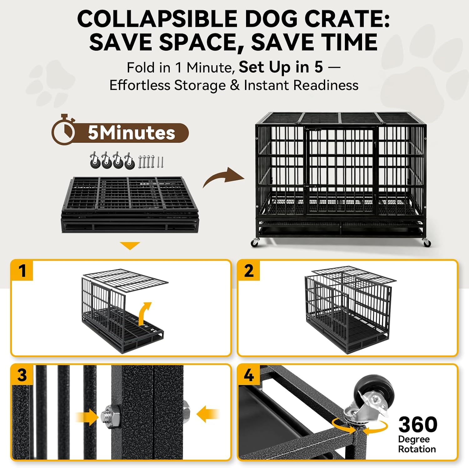 Oranland 48-Inch Heavy Duty Dog Crate for Large Dogs | Indestructible Dog Cage with Escape-Proof Lock,Double Doors,Secure Locks,Removable Wire Tray for High Anxiety Dogs