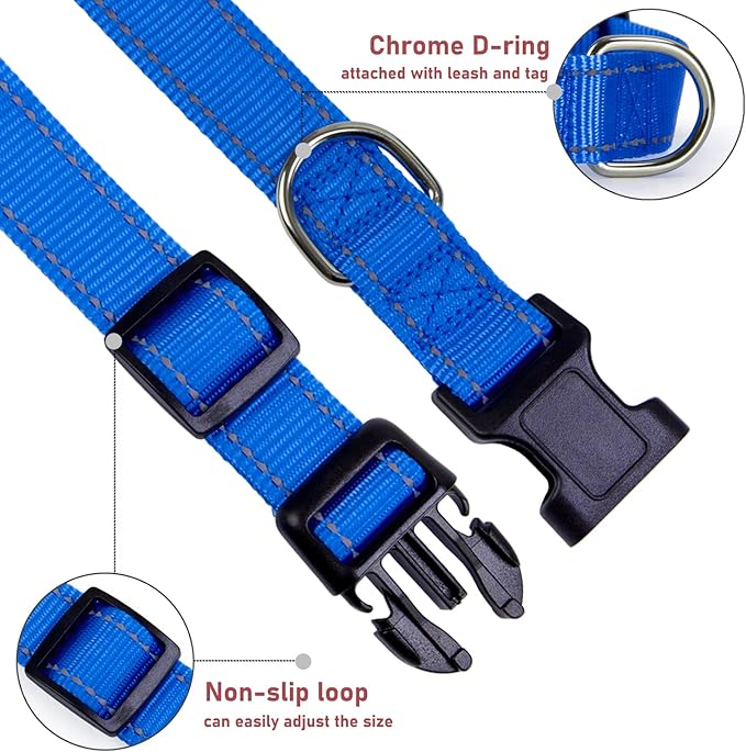 Reflective Dog Collar with Buckle Adjustable Safety Nylon Collars for Small Medium Large Dogs, Navy Blue M