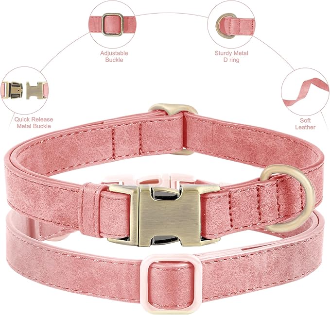 Genuine Leather Dog Collar - Adjustable Pet Collar with Quick Release Metal Buckle, Soft Skin Friendly Real Leather Collar for Small, Medium, Large Dogs (Pink Collar + Rope, L：Fit 15-23" Neck)