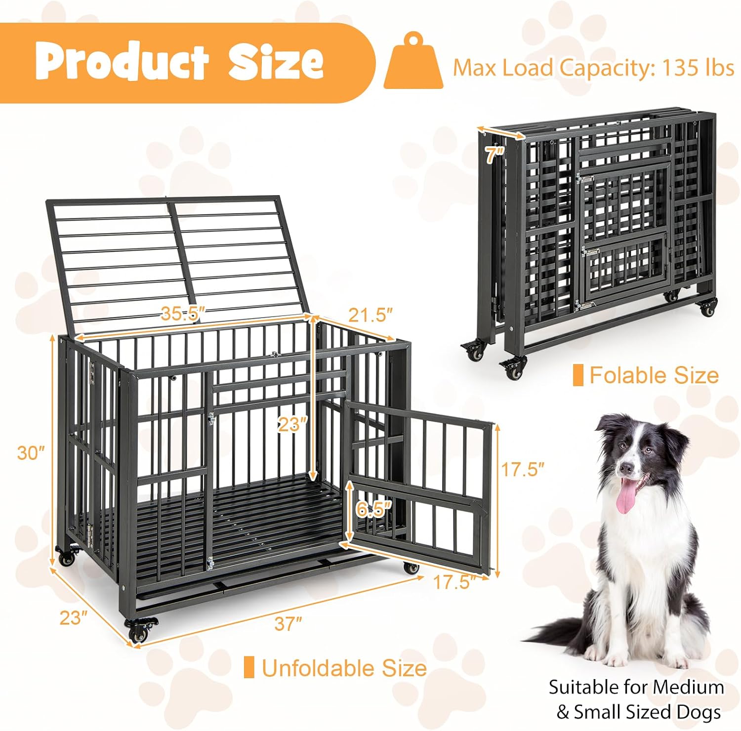 Tangkula Foldable Dog Crate, 3-Door Heavy Duty Dog Kennel with Removable Crate Tray, 4 Smooth Wheels, Indestructible Dog Crate for Indoor and Outdoor, Kennel Cage for Medium and Large Dogs