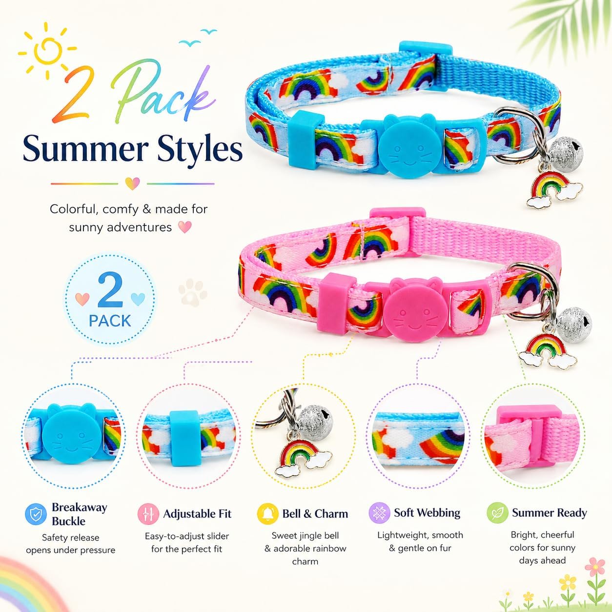2 Pack Pride Month Cat Collar, LGPT Breakaway Kitten Collars with Bell & Rainbow Charm, Adjustable 7.8-12.8 in, Soft Summer Cat Collars for Cats Kittens