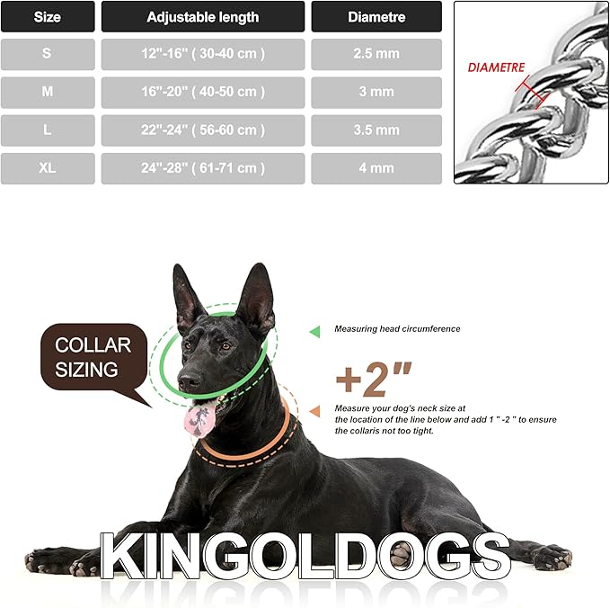 Silver Dog Chain Collar - Stainless Steel, Adjustable Walking, Metal Cuban Link, Chew Proof Double Row Chain Collar for Large, Small, Medium Dogs