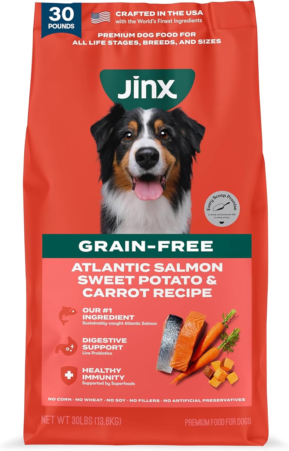 Jinx Grain Free Dry Dog Food - Real Salmon, Sweet Potato & Carrot, 30lb | Premium Kibble for Digestive Support & Healthy Immunity - No Fillers, All Lifestages (Puppy, Adult & Senior), Breeds & Sizes