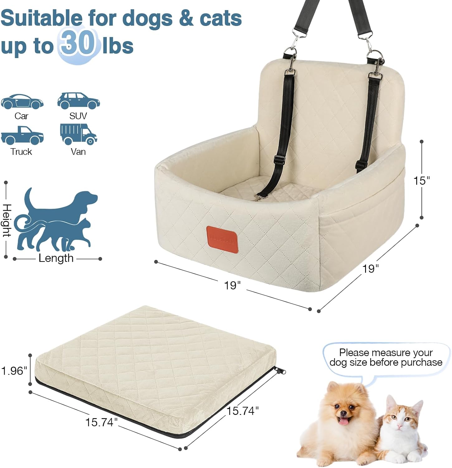 WOOAIDAGG Dog Car Seat for Under 30lbs Dogs,Comfy Febric Fill in Memory Foam,Washable and Detachable Pet Travel Car Bed,Anti-Slip Bottom,2 Safety Leashes & Storage Pockets(Beige)