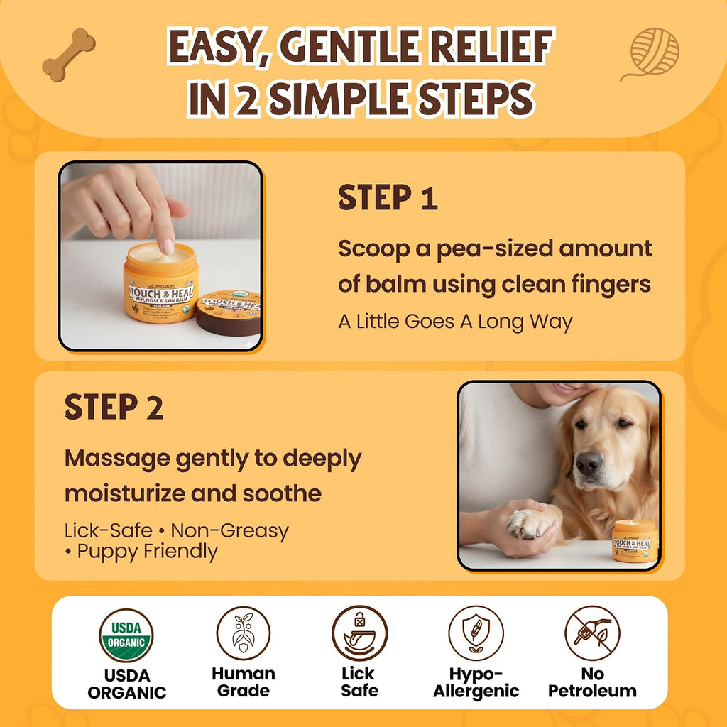 Touch & Heal Organic Paw Balm for Dogs 2oz - Cream Lotion Protection Moisturizer Nose Natural Soother Hot Pavement Wax Dry Paws Cracked Butter Protectors Pad Snout Puppy Elbow Foot Pet