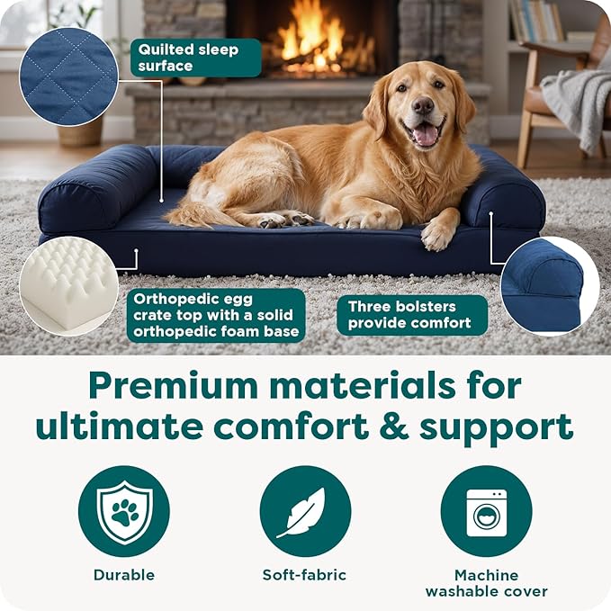 FurHaven Classic Sofa Orthopedic Dog Bed for Large Dogs, Egg Crate with a Solid Orthopedic Foam Base for Joint Support, Removable Washable Cover, Jumbo Plus XXL, Quilted Sofa, Silver Gray