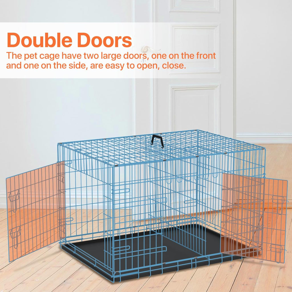 Dog Crate for Large Medium Small Dogs, Folding Dog Kennel Cage with Plastic Tray & Divider 48"/42"/ 36"/ 30"/ 24" Indoor Outdoor Metal Double Door Heavy Duty Dog Pen Enclosure, Blue(36 Inch)