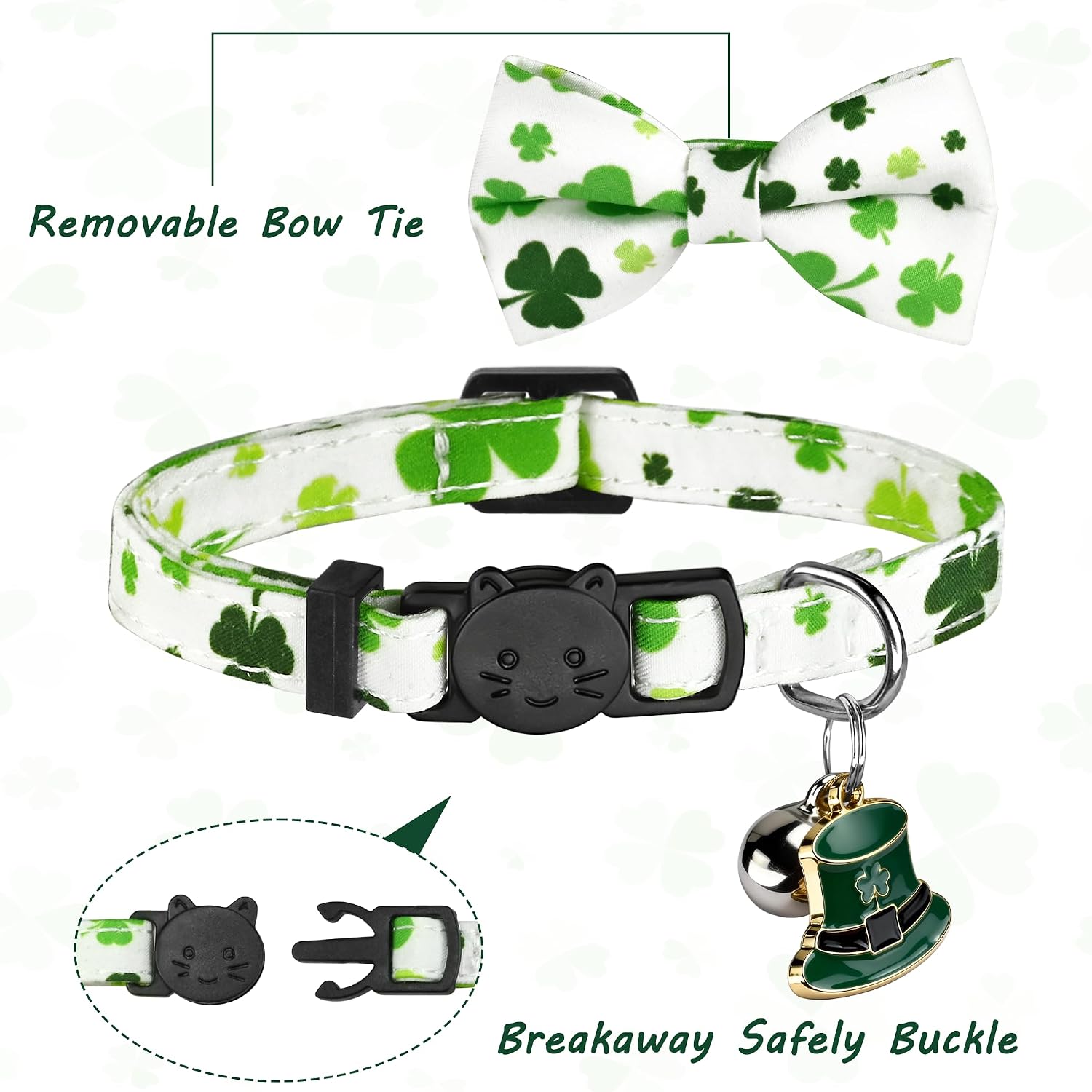 2 Pack Shamrocks Cat Collar Breakaway with Cute Bow Tie Bell Charm, Green Lucky Clover St Patricks Day Holiday Collars for Girl Boy Cats Kittens with Adjustable Safety Buckle
