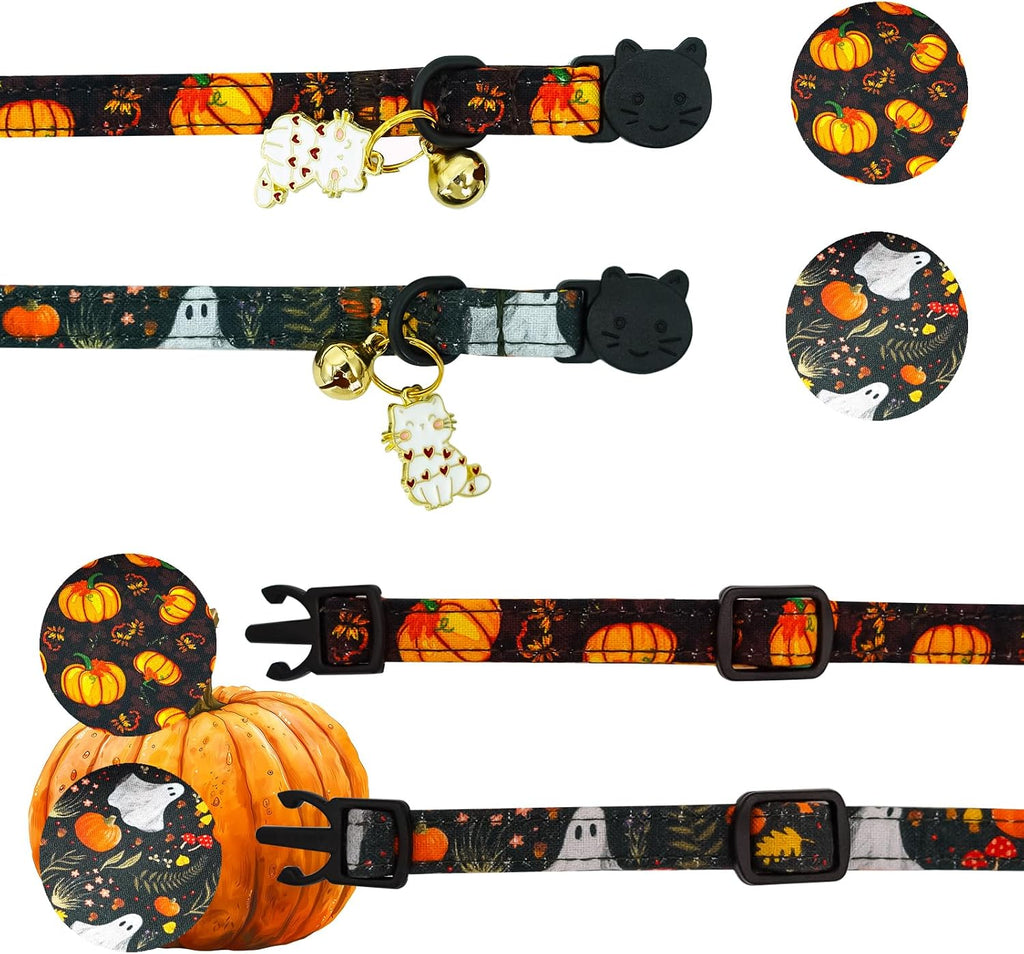 Halloween Cat Collar-2 Pack Pumpkin Print Fall Cotton Breakaway Cat Collars with Bell Pendant Kitten Boy Girl Safety Adjustable Collar for Small Cats Puppy