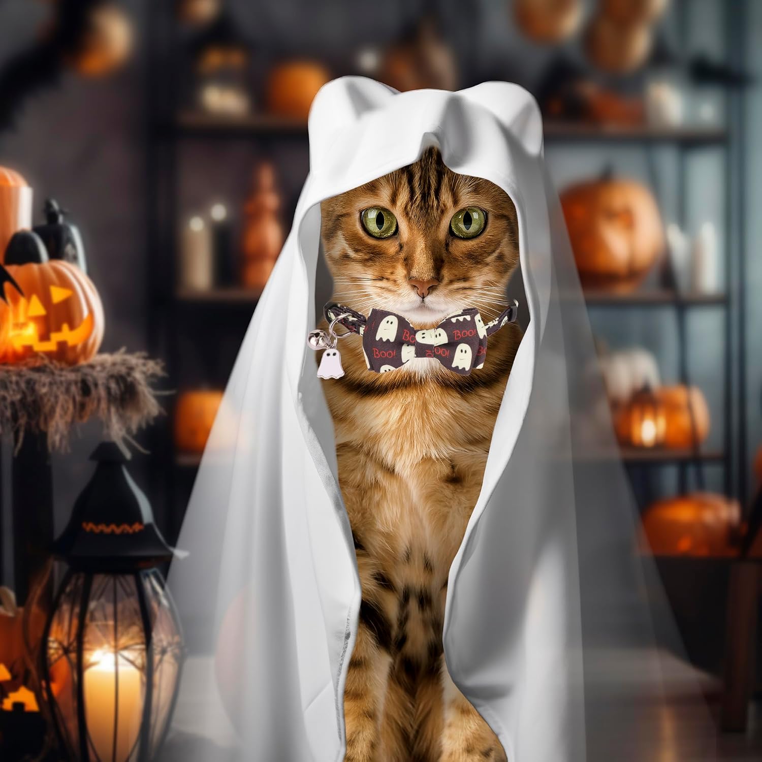 Halloween Cat Collar Breakaway, Pumpkin Ghost Cat Bowtie Collar | Detachable Bowtie Bell, Cute Charm, Adjustable Halloween Collar for Cat Kitten, For Halloween Parties and Photos