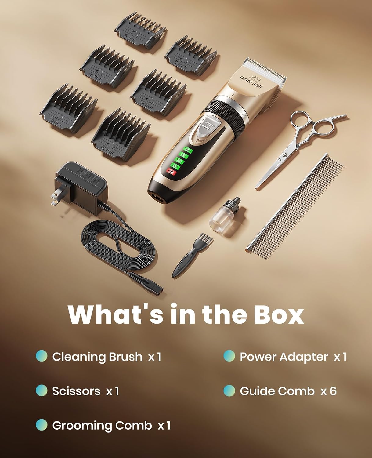 oneisall Dog Grooming Clippers with LED Display for Dogs & Cats | Low Noise Quiet,2-Speed,Cordless Rechargeable,Fast Charge,Detachable,Waterproof,Battery Level Display, Model X2,Gold