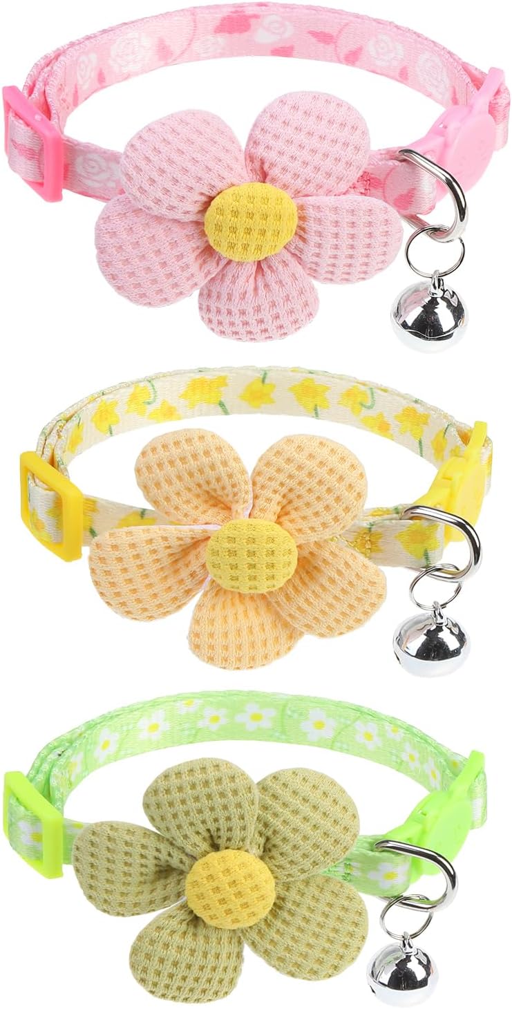 PUPTECK Cat Collar Breakaway with Bells, Adjustable Kitten Collar Outfit | for Girl Boy Small Pet Puppy Bunny, Cute Costume Accessory with Safety Release Buckle (Sticker-Flowers)
