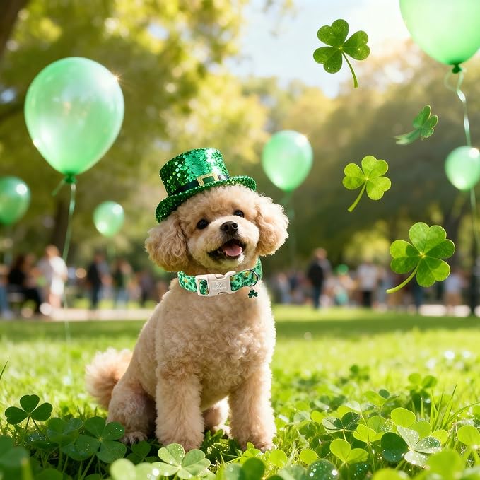 St. Patrick's Day Dog Collar for Large Dogs - Green Shamrock & Yellow Flower Print Dog Collars, Cute Irish Party Puppy Collar, Lightweight Adjustable St. Patricks Day Pet Collars XL