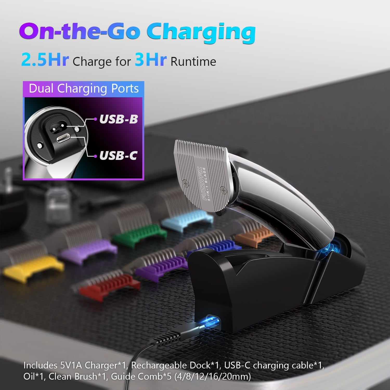 Professional Dog Grooming Clippers with Charging Dock, 5-in-1 Adjustable Blade Cordless Pet Grooming Kit 5 Speed Rechargeable Trimmer Hair Shaver with Detachable Metal Guide Combs for Animal