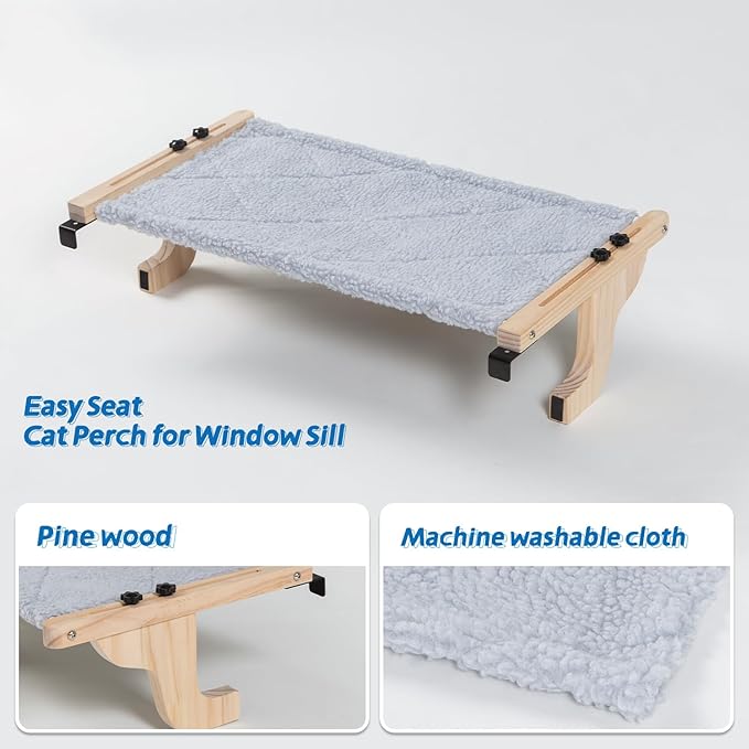Zakkart Easy Seat Cat Perch for Window Sill - Hammock Design w/Pine Wood & Robust Metal Frame - Cat Window Seat for Large Cats and Kittens (Natural Color Wood w/Gray Bed, Medium (23''W x 14''D))