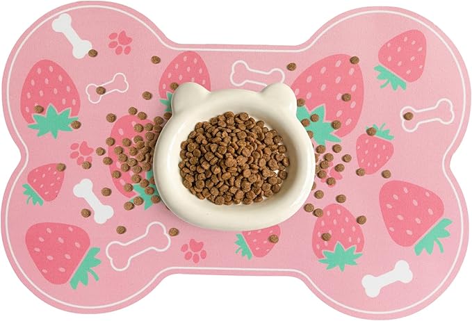 Dog Food Mat, 0.15” Thickened Super Absorbent Pet Feeding Mat for Food and Water, Fruit Donut Pattern Cat Placemat, Quick Dry Non-Slip Dog Bowl Mat, Water Splash Proof（Small Strawberry Pink）