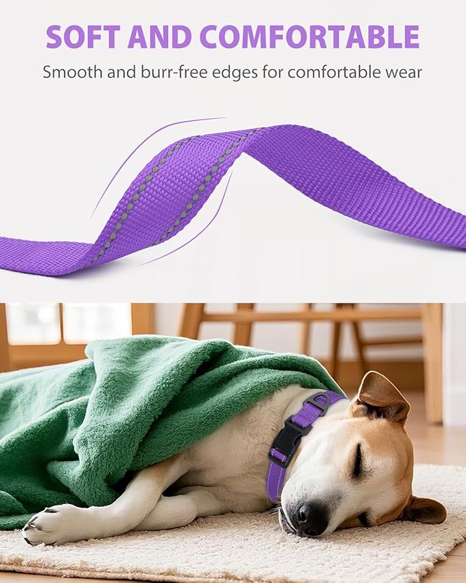 Joytale Large Dog Collar, Reflective and Adjustable Nylon Pet Collar with Quick-Release Buckle for Large Dogs, Purple, L