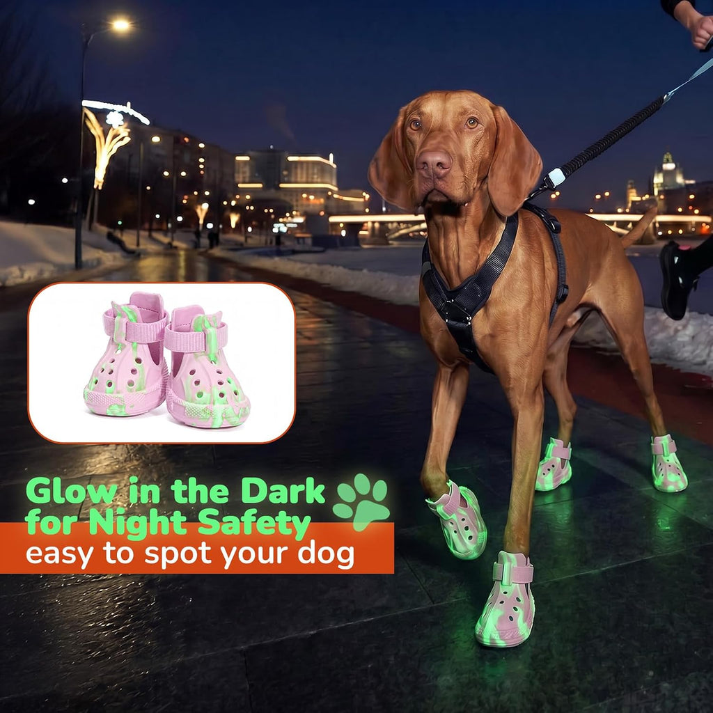 Dog Shoes for Hot Pavement, 4 Pack EVA Glow Dog Boots, Pink, Size 8 | Glow-in-the-dark EVA dog clogs, Breathable Vented, Lightweight Comfort, Non-slip Sole, Summer Walks, Medium & Large Dogs