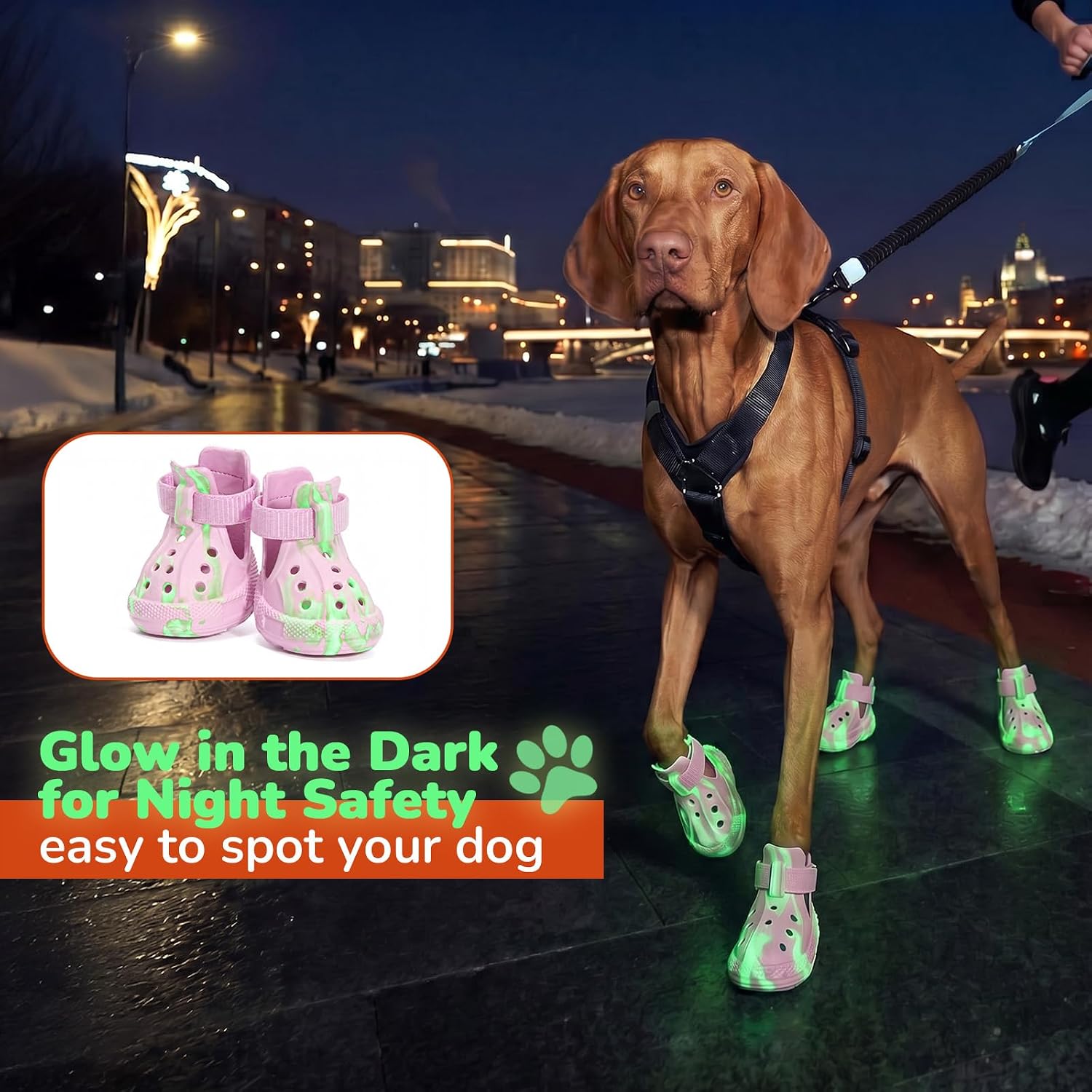 Dog Shoes for Hot Pavement, 4 Pack EVA Glow Dog Boots, Pink, Size 8 | Glow-in-the-dark EVA dog clogs, Breathable Vented, Lightweight Comfort, Non-slip Sole, Summer Walks, Medium & Large Dogs