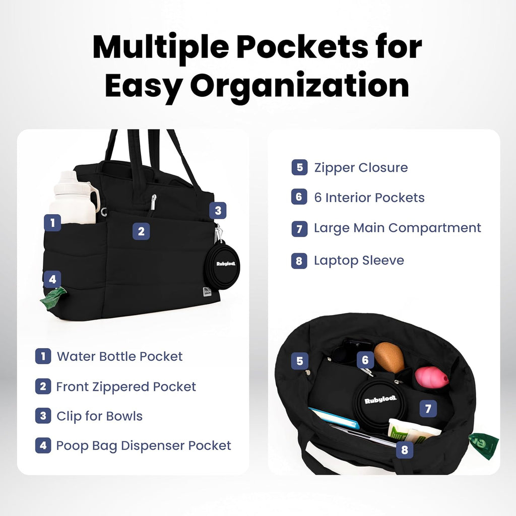 Puffer Dog Travel Bag for Dog Moms, Diaper Bag with Travel Bowls | 2 BPA-Free Collapsible Bowls, 2 Pet Food Containers, 9 Pockets, Everyday Puffer Bag Works With or Without Your Dog, Black