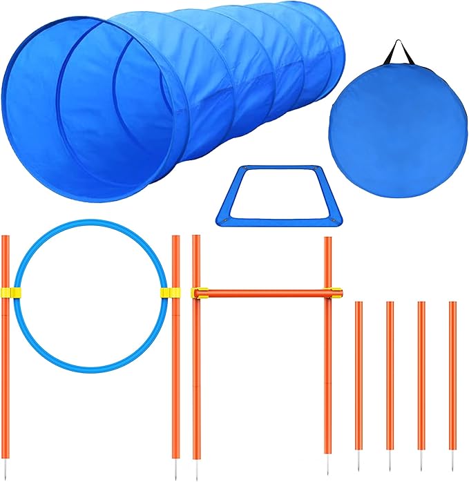 XiaZ Dog Agility Course Backyard Set, Dog Obstacle Course Training Starter Kit Pet Outdoor Game with Tunnel, Agility Hurdle, Weave Poles, Jump Ring, Pause Box, Collapsible Dog Bowls and Storage Bag